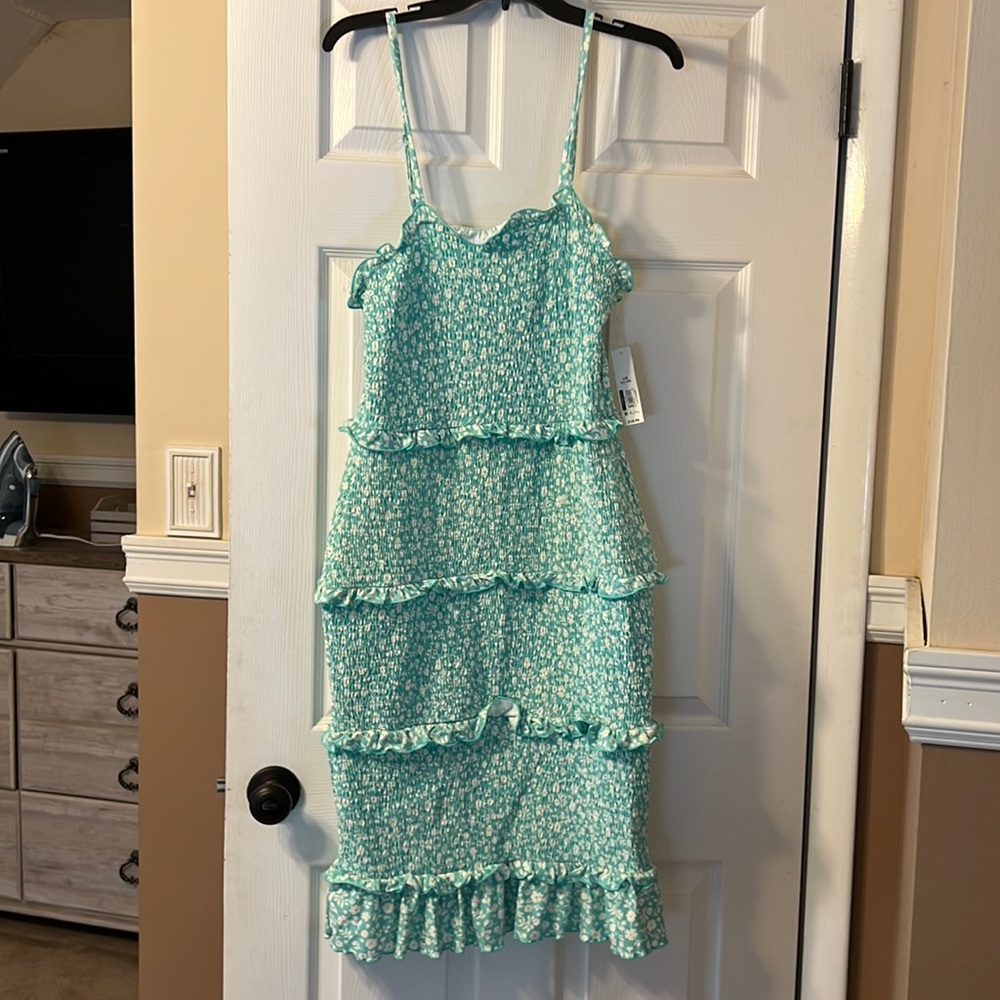 Tufted spaghetti strap dress. Teal blue with white flowers